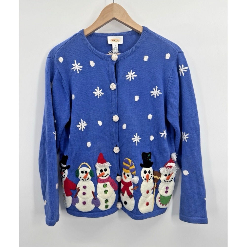 VTG Y2K Womens Small Cardigan Sweater Knit Snowman Holiday Cottage Embroidered